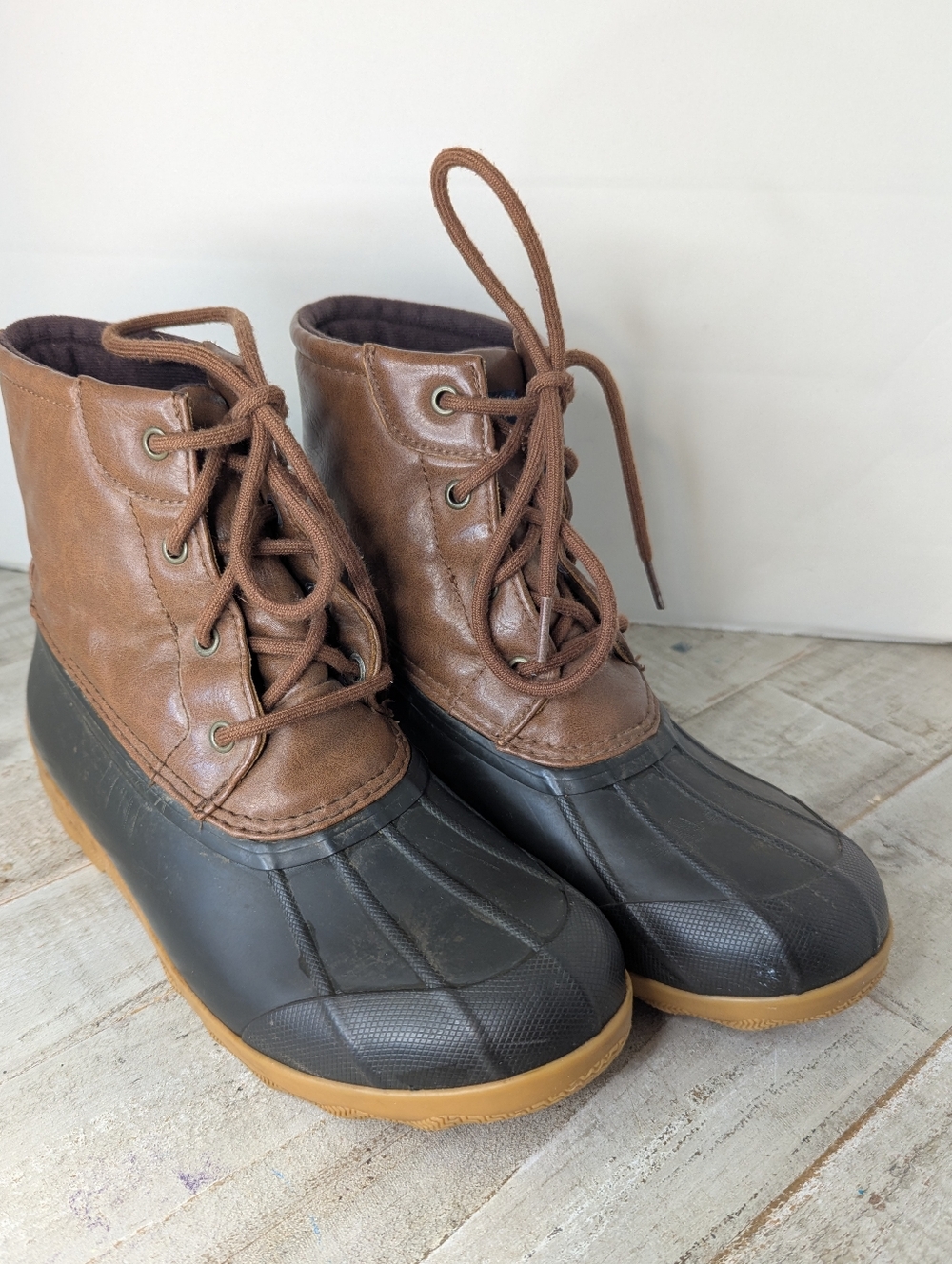 Kids Brown and Black Duck Boots - Classic Lace-Up Waterproof Design